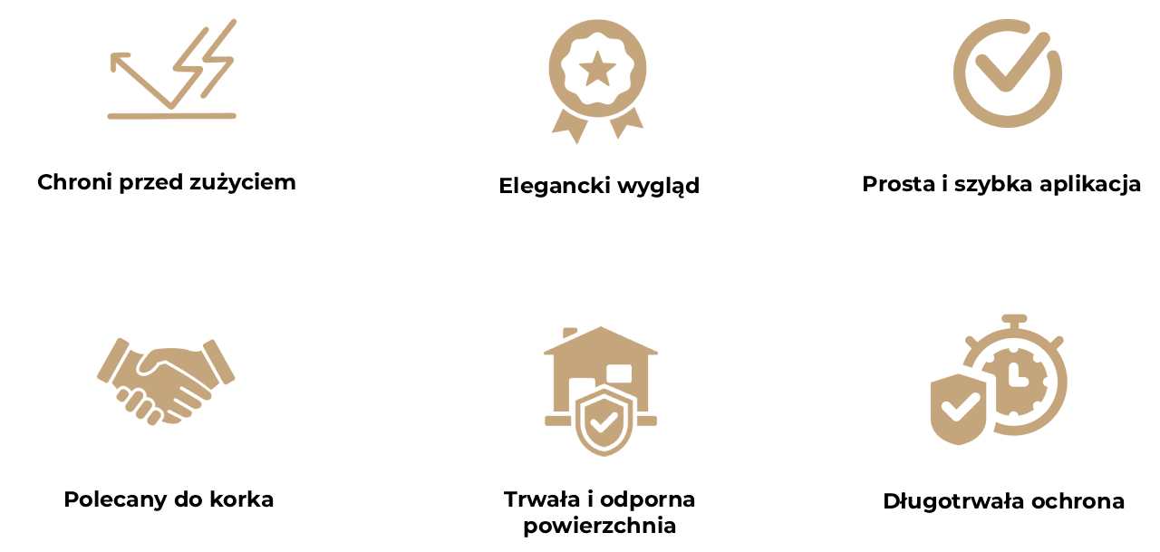 Obraz przedstawia sześć ikon opisujących zalety matowego lakieru do korka.